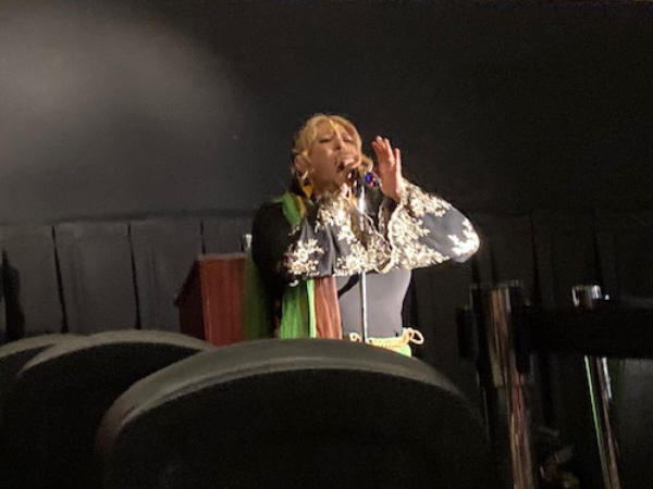 Michelle Gold singing, RAINBOW IN THE NIGHT, a song she wrote for the movie. Rainbow in the Night Movie Premiere, Life Story of Jane "Goldie" Winn, Delray Beach, Florida, June 4, 2023